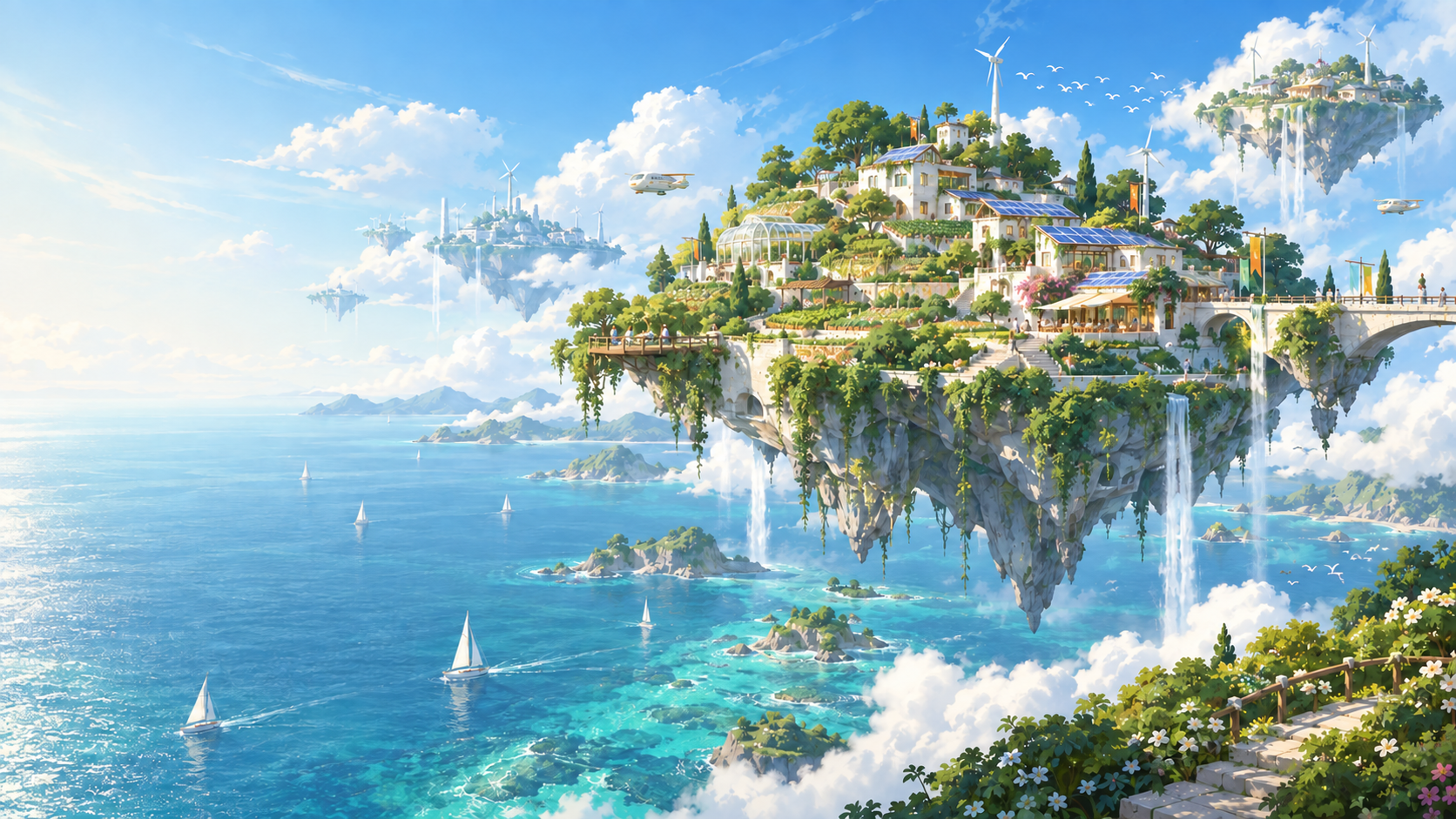 Solarpunk villages floating over a turquoise ocean, with gardens, clouds and waterfalls.