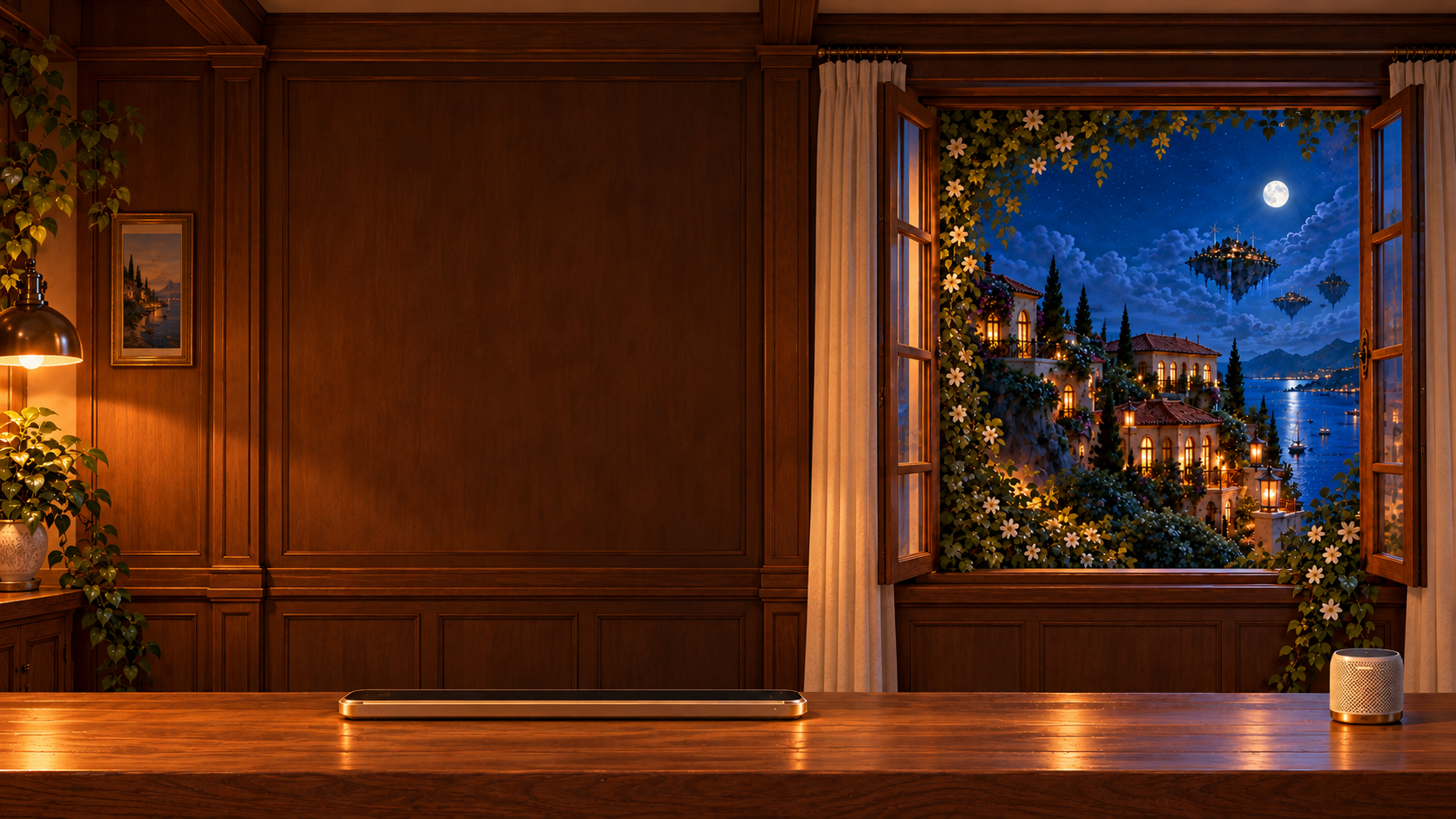A spacious moonlit village study, with a clear desk along the bottom and a window on the right.